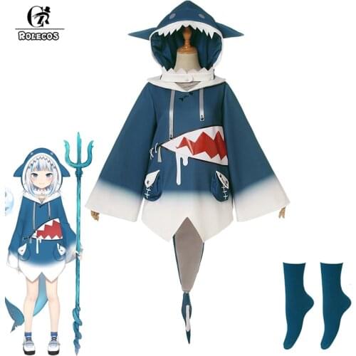 ROLECOS Gawr Gura Cosplay Costume Cosplay Gawr Gura Costume Sweatshirts Hoodies Cute Blue Shark for Women Costume Full Set