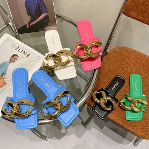 2021 Summer Fashion Women Slippers Metal Chain Flats Open Toe Slide Sandals Lady Luxury Design Beach Leisure Outdoor Green Shoes