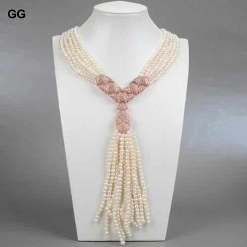 GuaiGuai Jewelry 18'' 5 Strands Natural White Pearl Necklace CZ Pendant For Women