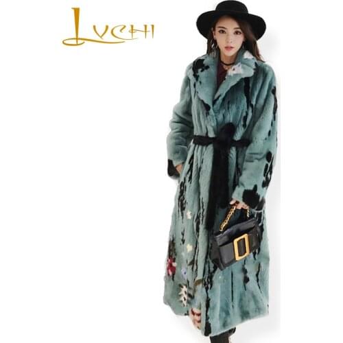 LVCHI Winter 2019 Imports Swan Velvet Milk Flower Mink Coat Real Mink Fur Coat Natural Fur With Sashes Womens X-Long Mink Coat