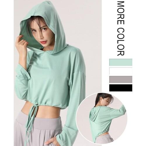 Women Running Yoga Sportswear Hoodies Long Sleeve White Black Green Hooded Crop Top Breathable Fitness 132