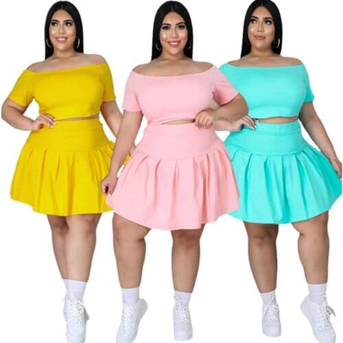 Plus Size Sets Skirts Women Fashion Casual Crop Top Mini Skirt Two Piece Solid Outfits New Uniform Summer Wholesale Dropshipping