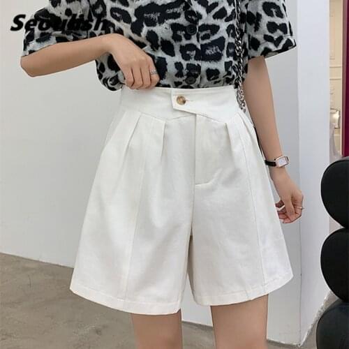 Seoulish 2021 New Summer Elegant White Womens Shorts Button High Waist Suit Shorts Casual Loose Female Office Trouses