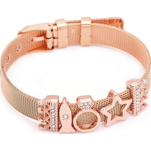 BRACE CODE 2019 High Quality Mesh Bracelet Set Stainless Steel Bracelet Crystal Love Lock Charm Brand Bracelet for Woman Gift