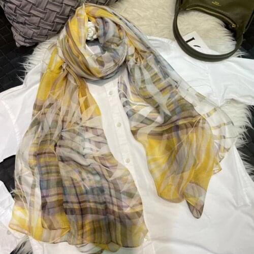 [BYSIFA] New Summer Chiffon Silk Scarf Shawl Printed Fall Winter Women Long Scarves Elegant Brand Yellow Blue Plaid Scarves Cape