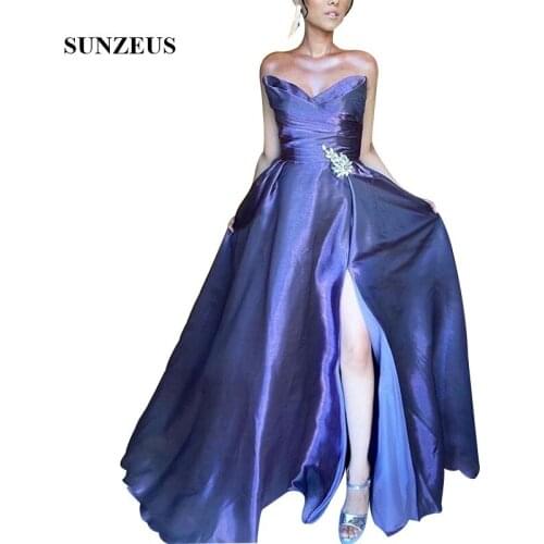 New A Line Strapless Taffeta Women Evening Gowns With Side Slit Floor Length Long Formal Dresses Party Wear