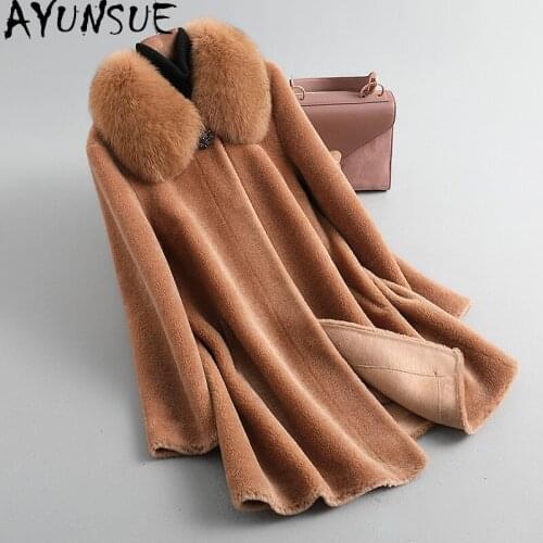 AYUNSUE Real Fur Coat Autum Winter Jacket Women Fox Fur Collar Sheep Shearing 100% Wool Jackets for Women Manteau Femme Hiver