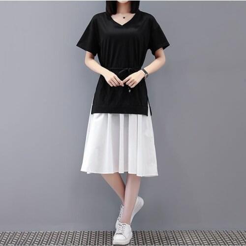 New Arrivals T-Shirt Dresses For Women Summer 2021 A-Line Bandage Waist Fashion V-Neck Patchwork Dress Black Femme