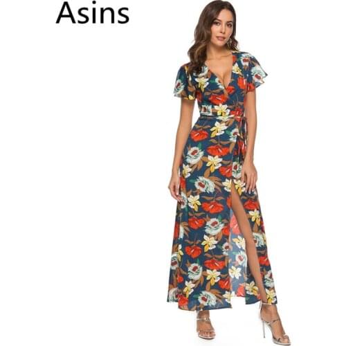 Asins women dress 2019 spring summer new casual fashion short sleeve deep v neck splice printing wild sexy chiffon long dresses