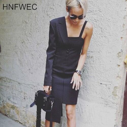 Women Blue Striped Asymmetrical Split Dress New Strapless Long Sleeve Loose Fit Fashion Tide Spring Autumn 2020 V337