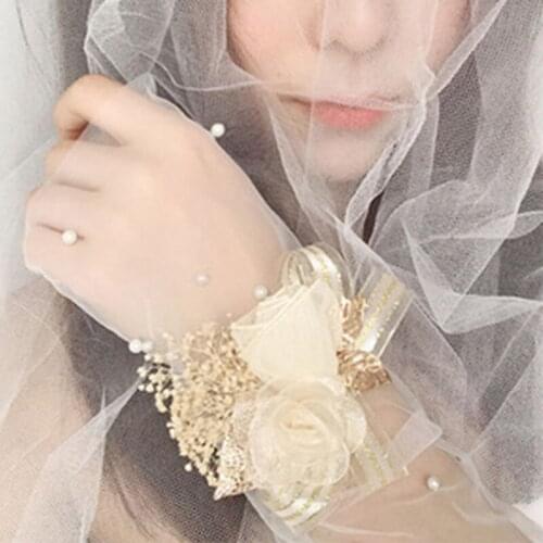 Gold Color Elegant Tulle Pearls Corsage Handflower Bridesmaid Bridal Cloth Wedding Dancing Party Wrist Flowers