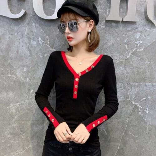 #5727 Red Black Long Sleeve T Shirt Women Deep V Neck Duttons Sexy Tight T-shirt Female Cotton Slim Korean Fashion Plus Size 3XL