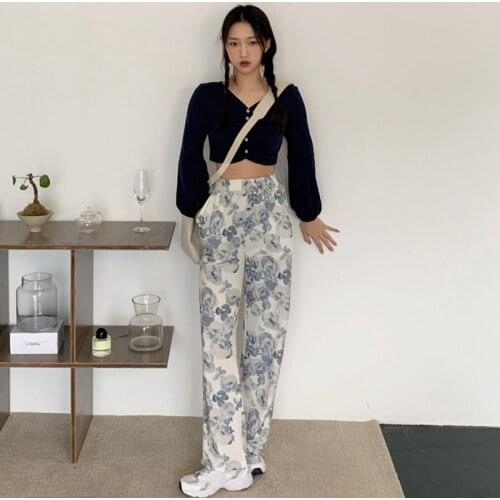 Printed Casual Pants Women Spring 2021 New Korean Harajuku High-waist Straight-leg Slim Loose Y2k Wide-leg Tie Dye Pockets Pants