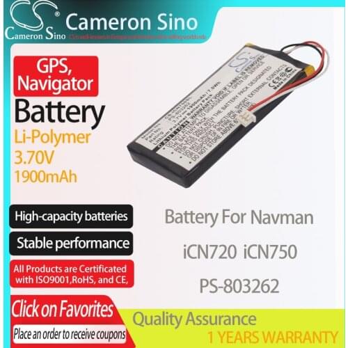 CameronSino Battery for Navman iCN720 iCN750 fits Navman PS-803262 GPS, Navigator battery 1900mAh 3.70V Li-Polymer Black