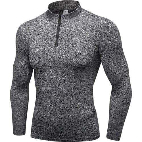 Black Quick Dry Compression Sport T-Shirts Mens Running Hooded Sweatshirts Fitness Gym Pullover Sportswear Zipper Neck Jersey