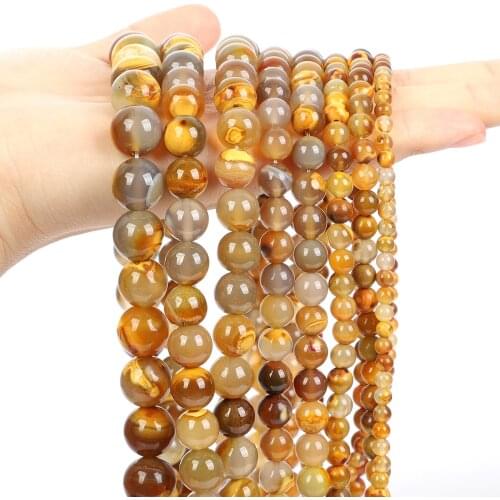 Smooth Natural Stone Yellow Hair Crystal Agate Round Loose Bead for Jewelry Making Needlework Charm Bracelet DIY Strand 6/8/10MM