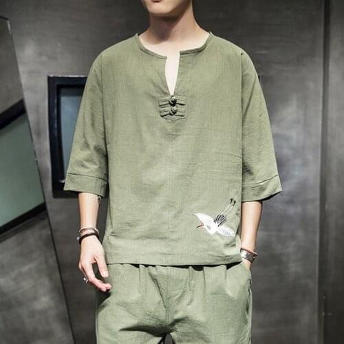 Embroidery Men Cheongsam Tops Tang Suit Traditional Chinese Tee Shirt For Men Hanfu Blouse Cotton Tshirt China Tee Tops 30498