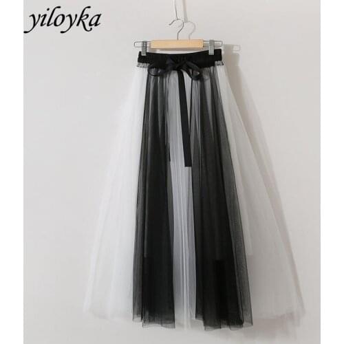New Mid-Calf Bow Tie Pleated Skirts Womens Elegant Retro Contrast Stitching Mesh Big Swing Beach Skirt Princess Mesh Tutu Skirt