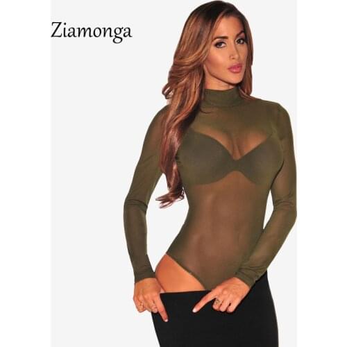 New Transparent Sexy Bodysuit Women Rompers Bodycon Jumpsuit Long Sleeve Mesh Bodysuit Sheer Through Trutleneck Bodysuits