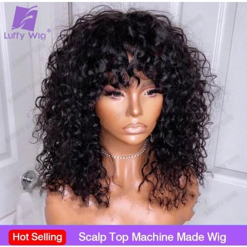 Glueless Curly Full Machine Made Scalp Top Wig With Bangs 180 Density Remy Brazilian Curly Human Hair Wigs For Women Luffywig