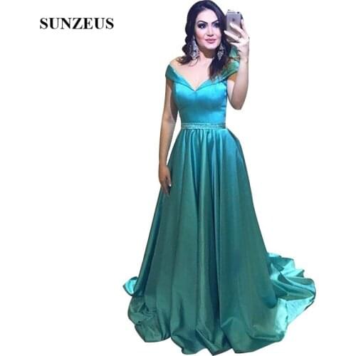 Blue Satin Evening Gowns Mother Groom A-line Sweep Train Off Shoulder Women Party Dress Simple Long Lady Wear Robe 2019