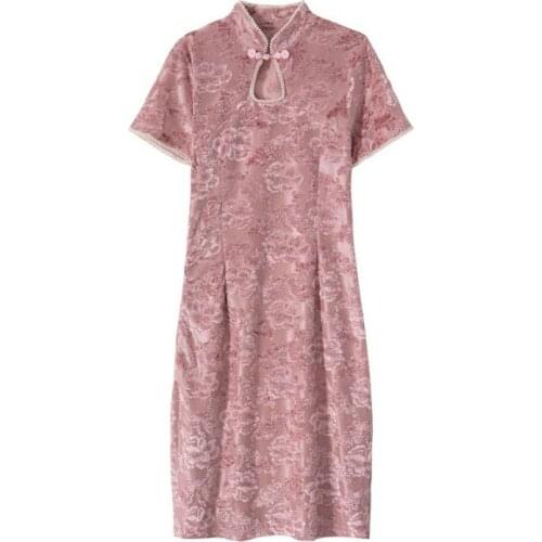 PERHAPS U Pink Mandarin Collar Short Sleeve Knee Length Pencil Cheongsam Dress Summer Velvet D0978