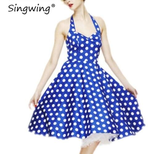 Singwing New Womens Summer Casual Dresses Crew Neck Sleeveless Backless Dresses Ball Gown Polka Dot Pattern Dress