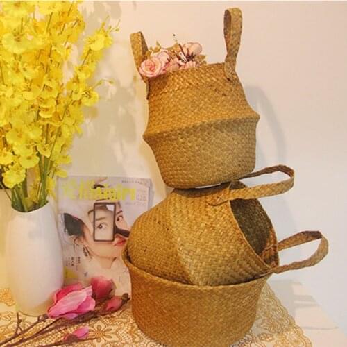 Nordic handmade straw flower basket portable woven folding big belly basket flower pot decoration rattan basket Plants Pot