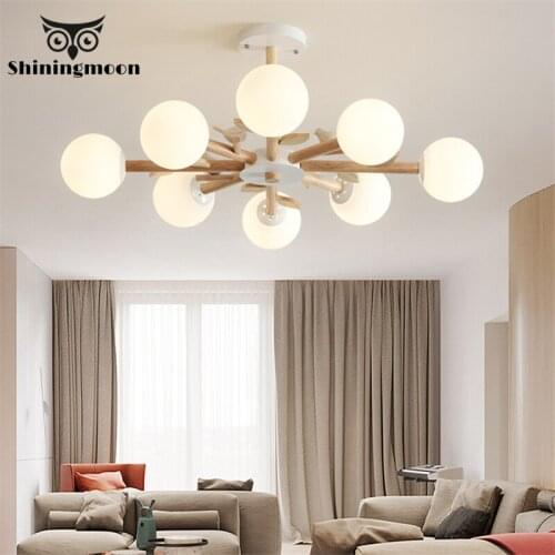 Nordic Glass Wood Chandelier Lighting Modern Minimalist Led Ceiling Chandelier for Living Room Bedroom Home Decor Light Fixtures