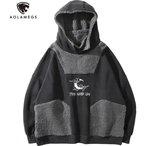 Aolamegs Hoodie Men Furry Color Block Patch Harajuku Letter Embroidery Pullover Vintage Punk Hipster Fashion Oversize Streetwear