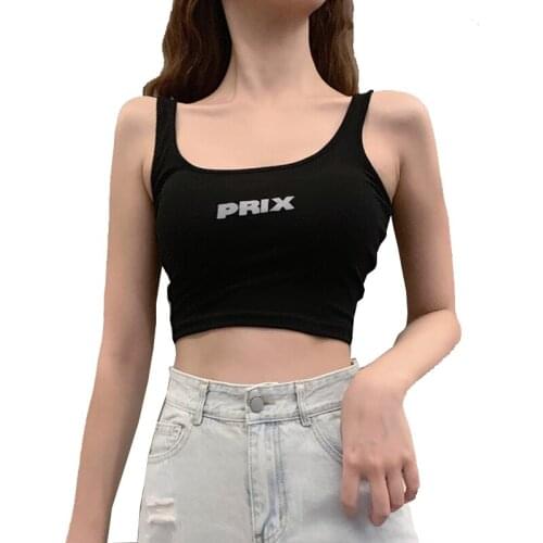 Vintage Reflective Letter Print Girls Vest Summer Sexy Sleeveless Short Womens Camis Solid Color Casual Female Tanks Tops