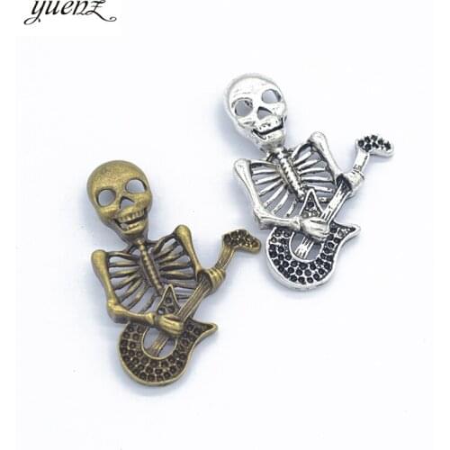 YuenZ 2pcs 2 colour Antique Silver Plated guitar skull Charms Metal Pendants for Jewelry Making DIY Handmade Craft 46*33mm F16