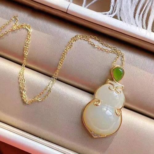 S925 Sterling Silver Inlaid Hetian Jade Calabash Pendent Natural White Jade Gourd Pendant Womens Clavicle Chain Pendant Necklac