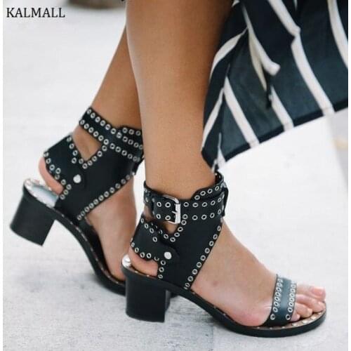 KALMALL Rome Style Ankle Buckle Strap Women Shoes Studded Rivet Mid-Heels Gladiator Sandals Open Toe Block Heels Sandalias Mujer