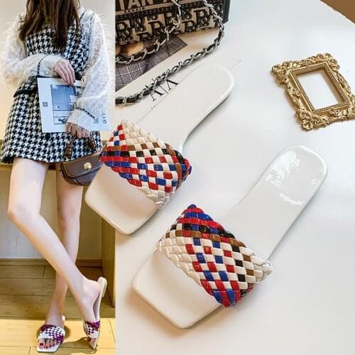 2021 Summer Slippers for Women To Wear Korean Flat Bottom Woven One Line Slippers Women Shoes Zapatos De Mujer