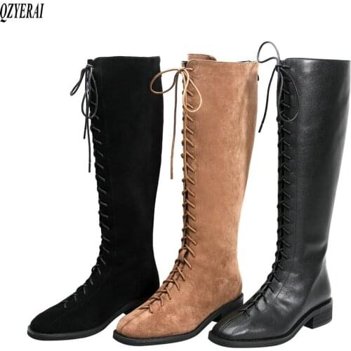 2021 Winter New style Genuine leather Knee high boots Women boots Motorcycle boots outdoor warm Real cowhide Women shoes