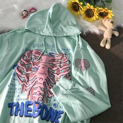 Harajuku Khaki Gothic Skull Graphic Hoodies Women 2021 Autumn New Designer Fashion Hip Hop Teens Clothes Casual Long Sleeve Tops