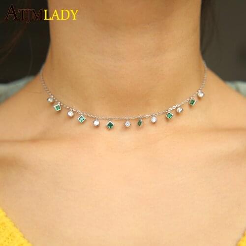 2020 New High Quality Czs Bezel Cz Station Statement Women Copper Green Stone Charm Pendant 33+7cm Cz Choker Necklace Thin Chain