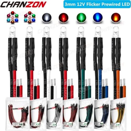 20pcs 3mm Prewired LED Diode Emitting DC 12V Light Lamp Bulb Blinking White Red Green Blue Yellow RGB Flashing Pre Wired Cable