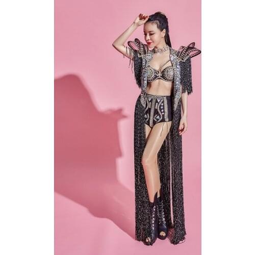 2020 Womens Sparkly Rhinestones Bra Short Black Long Tassel Shrugged Jacket Set Nightclub Female Singer Birthday Party Outfit