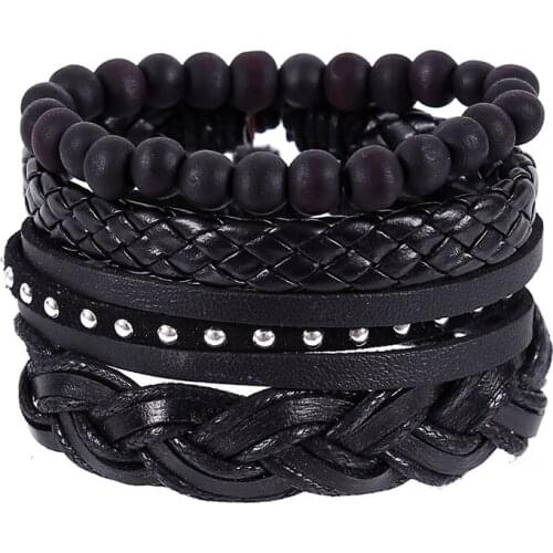 4pcs/set hippie punk classic all black rivet charm leather knots braiding wide Bracelets Bangles for man hand jewelry