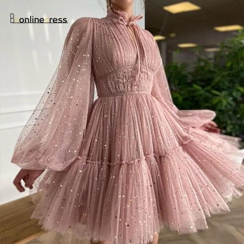 Sparkly Star Puffy Tulle Short Prom Dress A Line High Collar Knee Length Formal Party Wear Cocktail Evening Dress Robe De Soiree