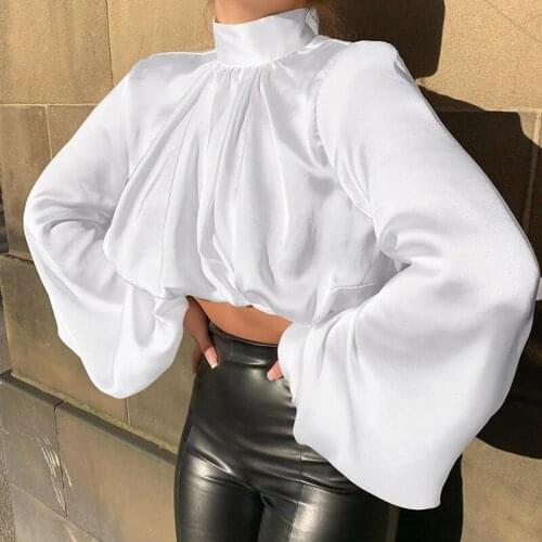 Big Lantern Sleeve Blouse Women Autumn Summer Turtleneck Ruched Shirts Office Work Blouse Solid Vintage Satin Blouse Shirts