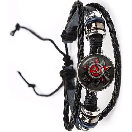 CCCP USSR Soviet Army Red Star Adjustable Leather Bracelet Glass Cabochon Art Round Russian Badges LOGO Jewelry For Friends Gift
