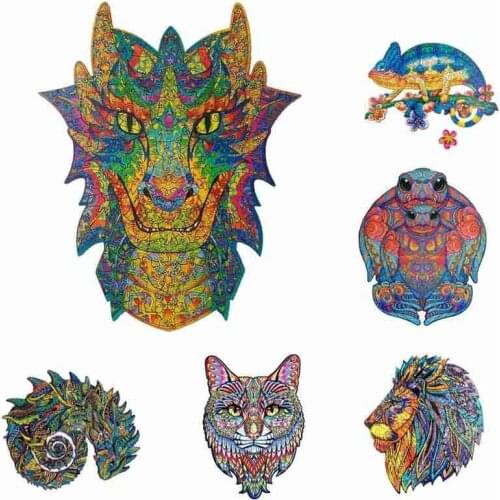 Wooden Animal Puzzles Set For Adults DIY A4 Size Puzzle Dragon Lion Cat Sea Turtle Shaped Puzzles Gifts For Kids Jigsaw