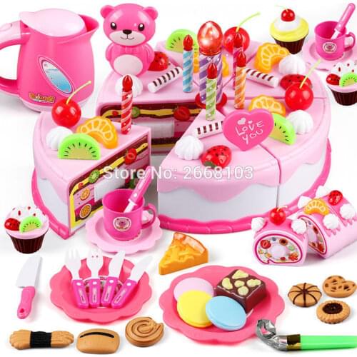DIY 37-80PCS Cake Toy Food Kitchen Pretend Play Cutting Fruit Birthday Toys Cocina De Juguete Pink Blue For Kid Gift Educational