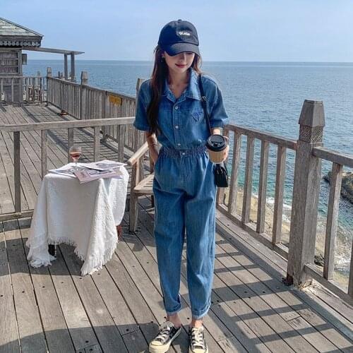 Short Sleeve Cowboy Jumpsuit Summer Fashion Jeans Loose Vintage Casual Straight Pants Womens High Waist Denim Overalls Trousers