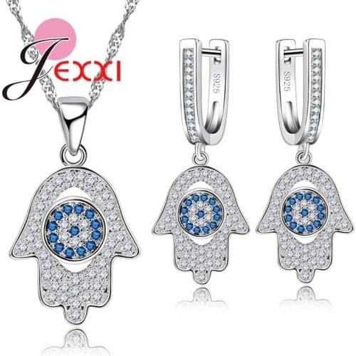 Geometric 925 Sterling Silver Earrings Necklace Jewelry Set For Girls Birthday Gift White Blue CZ Rhinestone Party Set