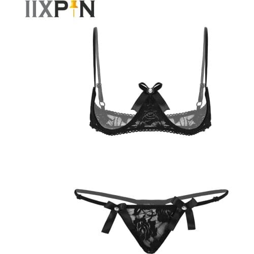 Sexy Bare Exposed Breasts Bra Thong Sets For Women Hot Erotic Underwired Lingerie Set Ladies Open Cup Bras G-string Briefs Sets