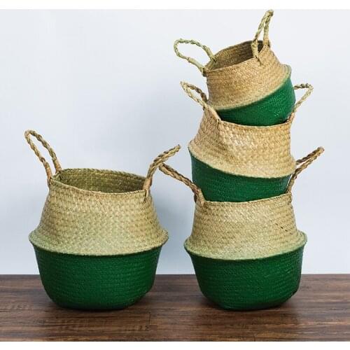 Natural Straw Storage Basket Hand-Woven Home Garden Organizer Plants Flower Baskets Rattan Storage Container with Handle